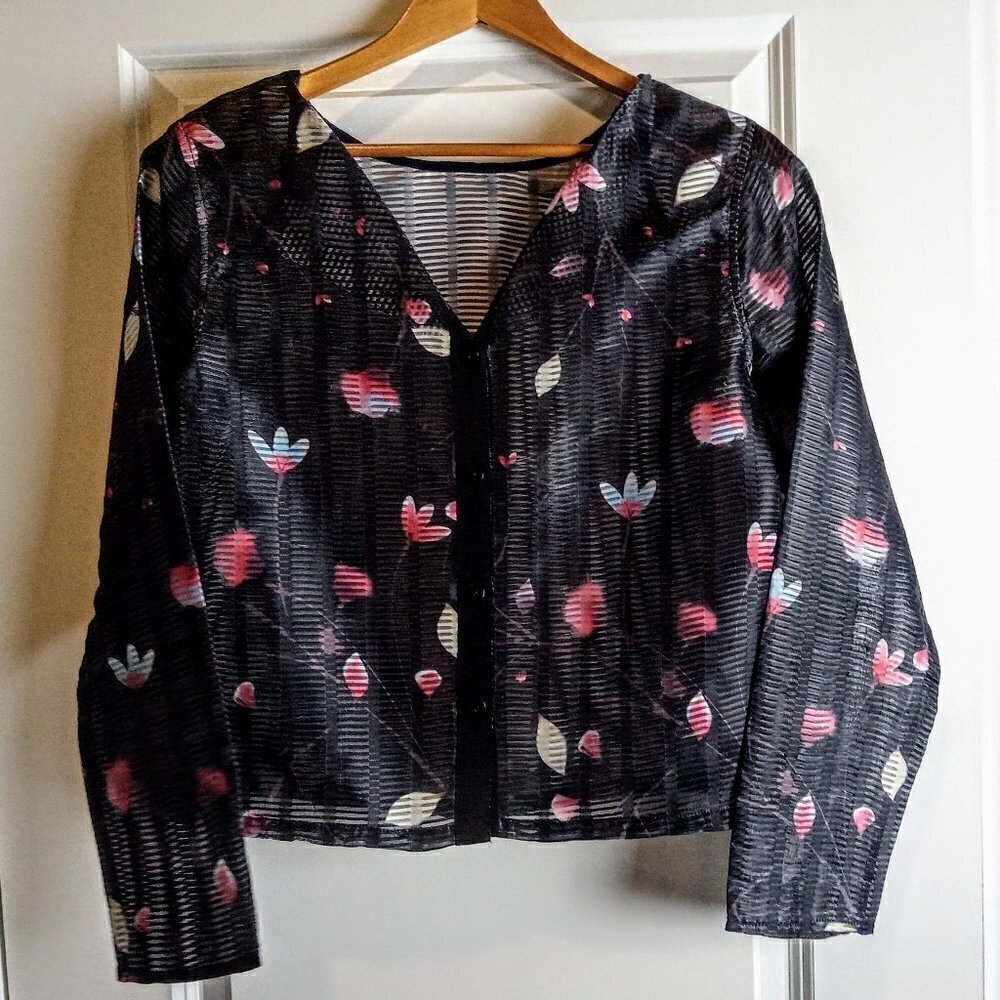 Sheer Black Pink Floral Print Button-Down Jacket